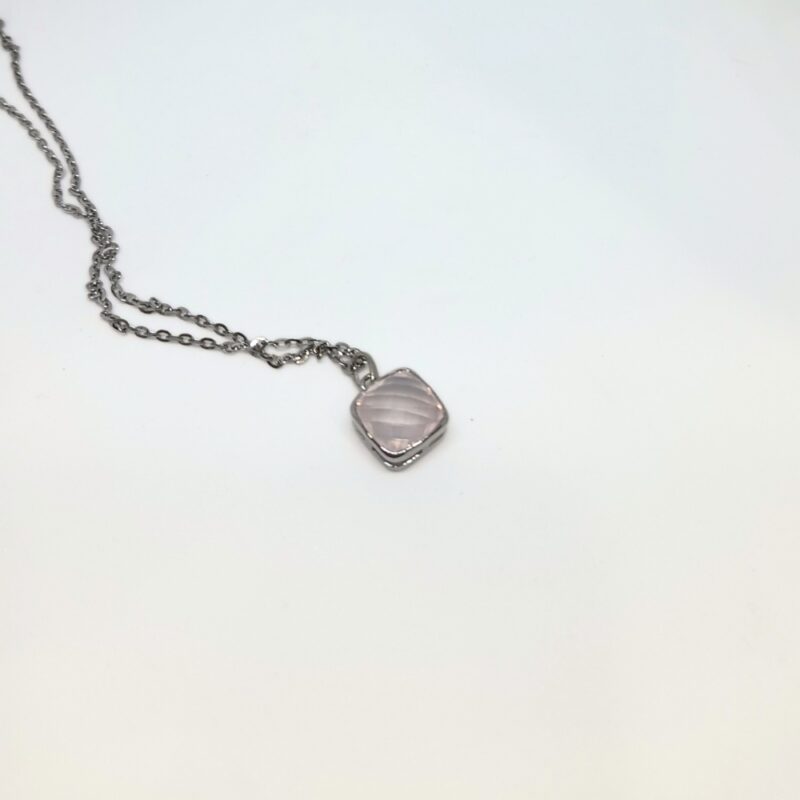 Pink Quartz Silver Square Gemstone Necklace
