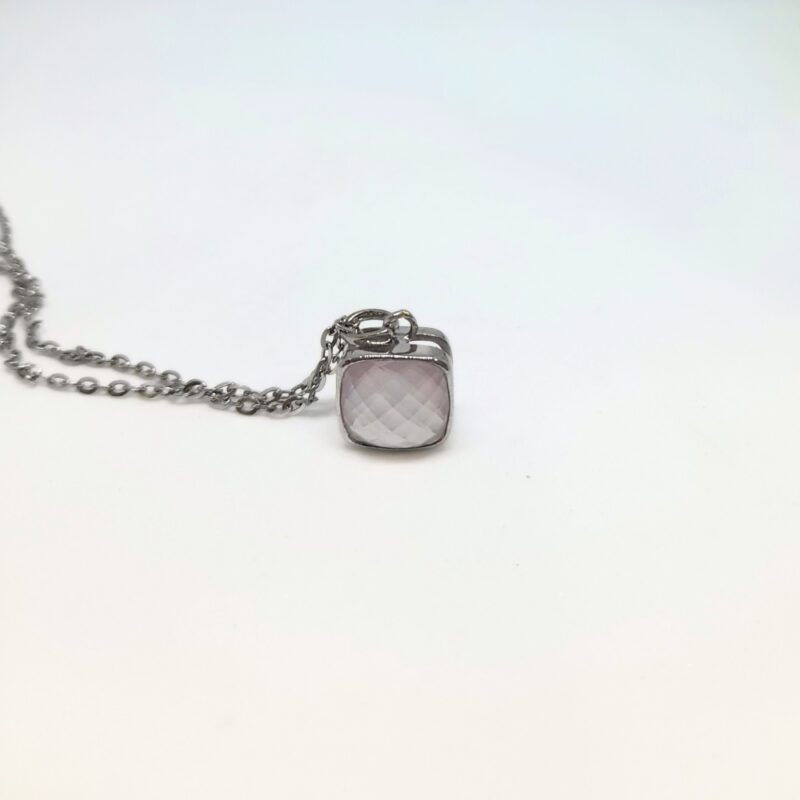 Pink Quartz Silver Square Gemstone Necklace