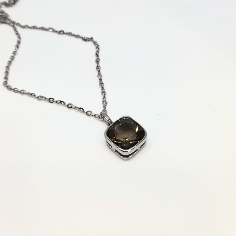Smokey Quartz Silver Square Gemstone Necklace