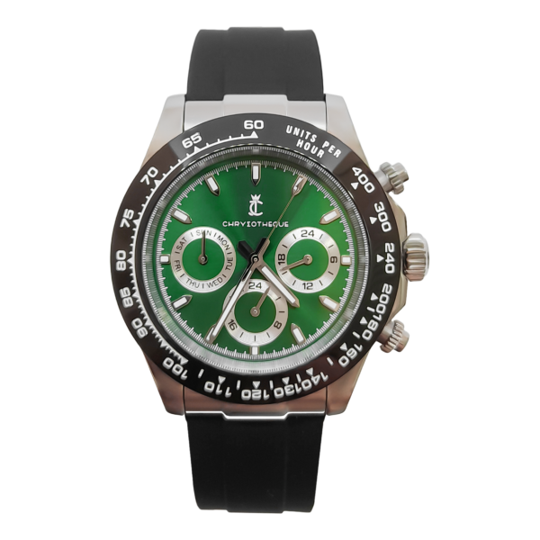 Chrysotheque Tachymeter watch with green face and black silicone band
