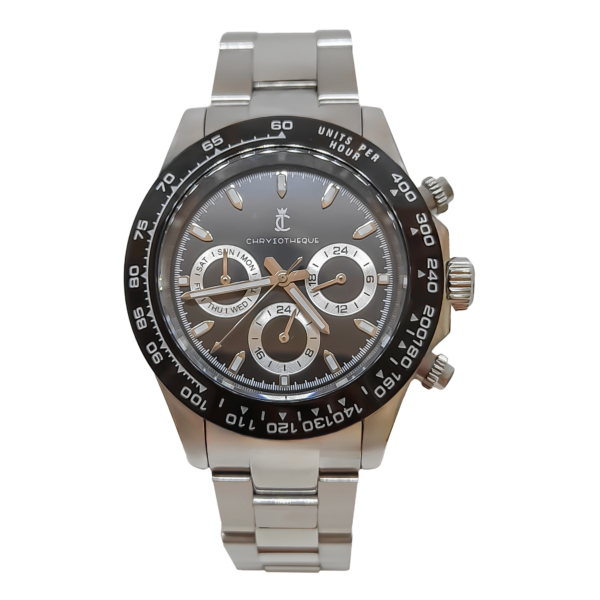 Tachymeter Quartz Watch with Black Face Stainless Steel
